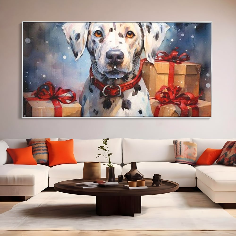 Tablou canvas cu tablou canvas cu dalmatian festv, in rama de aluminiu argintiu, pe perete intr-un living